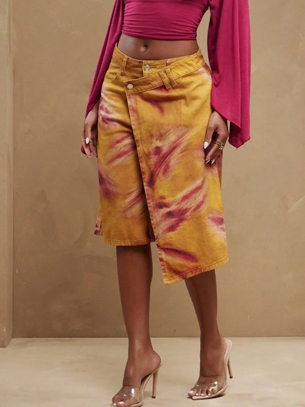 Multicolor Casual Women'sCrossover Tie Dye Skirt Loose Baggy Denim Shorts